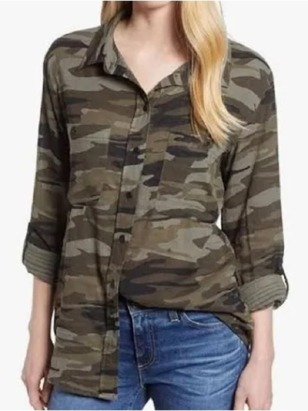 Sanctuary green and black camouflage-print long-sleeve button-down shirt